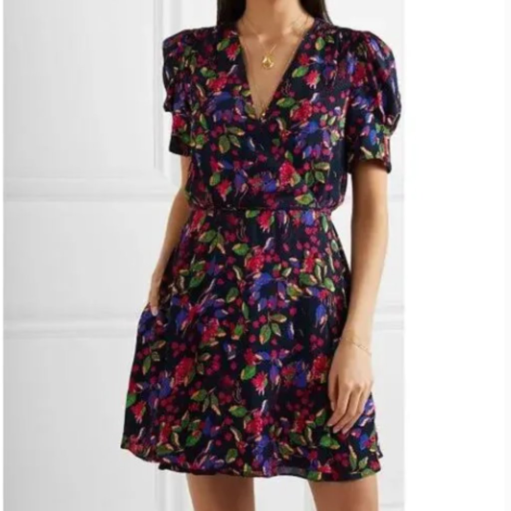 Saloni Lea Wrap Mini Dress In Carolotta Indigo Floral Size 12